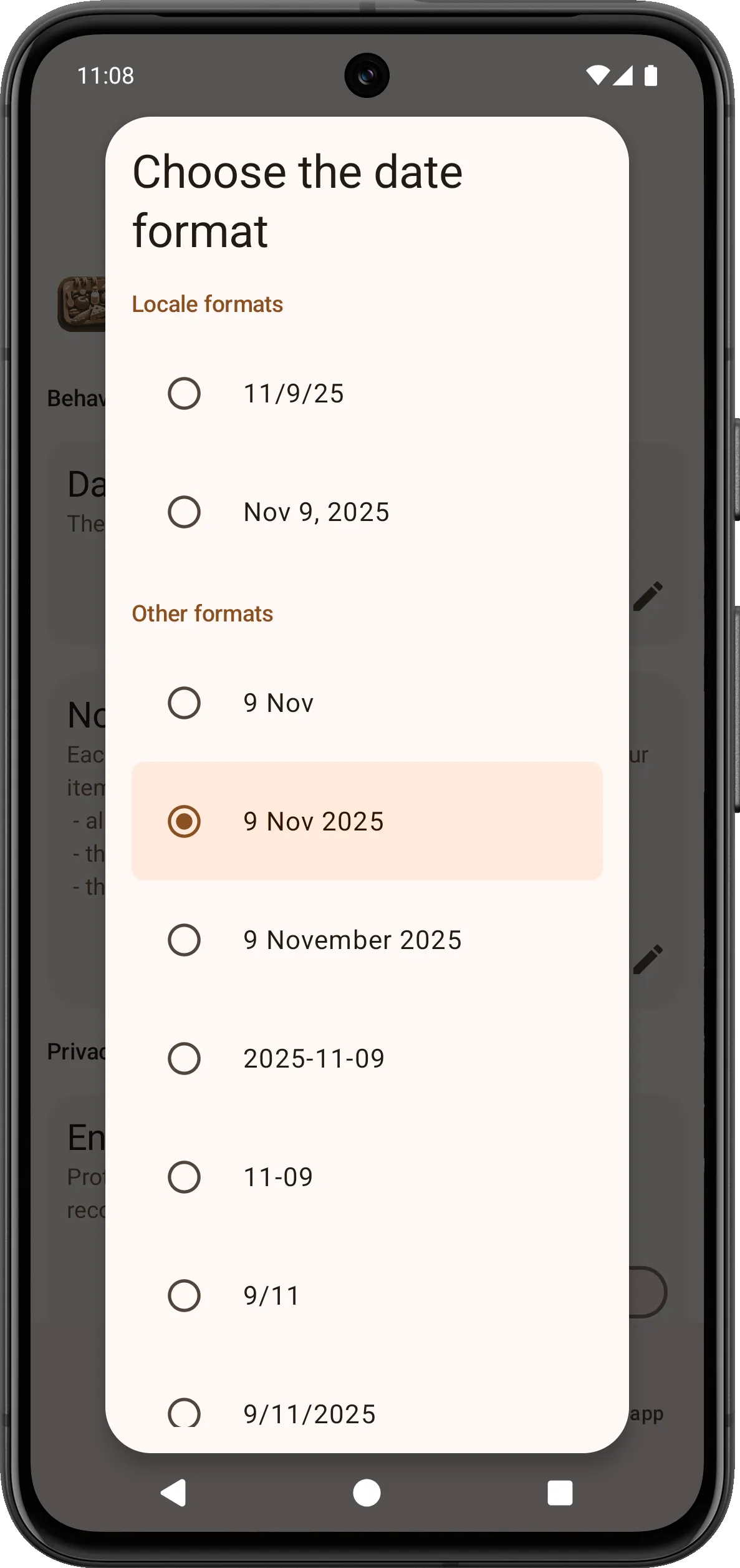 Nuovo stile della schermata di selezione del formato data
